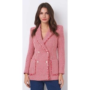 Zara Structured Tweed Blazer Double Breasted Nautical Buttons Red White Blogger